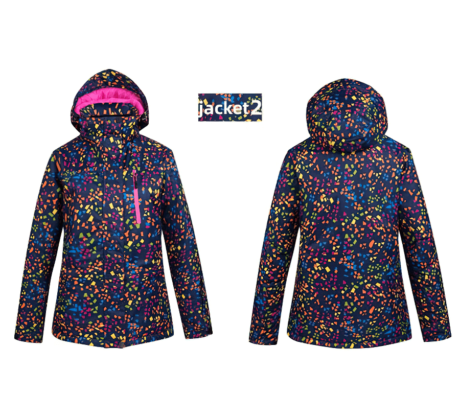 Multicolor windproof women's ski jacket with hood and zipper, showcased front and back, ideal for winter sports.